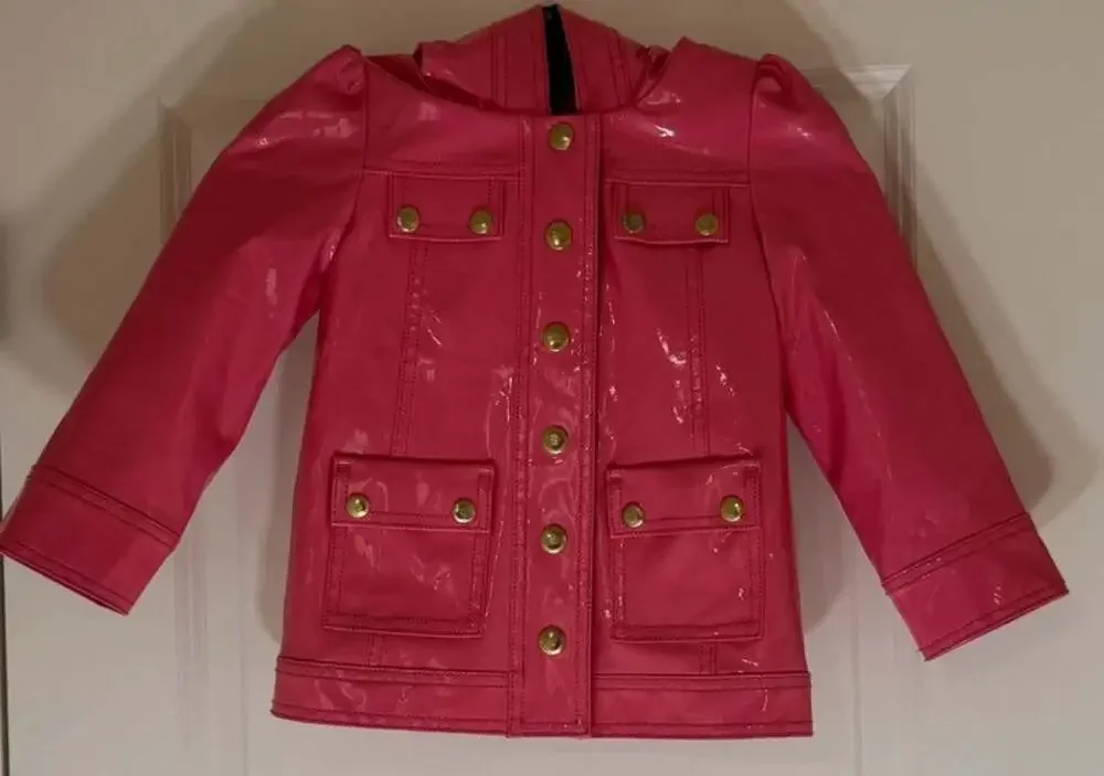 Juicy Couture Girls Pink Hooded Rain Coat Jacket Gold Buttons Size 3T